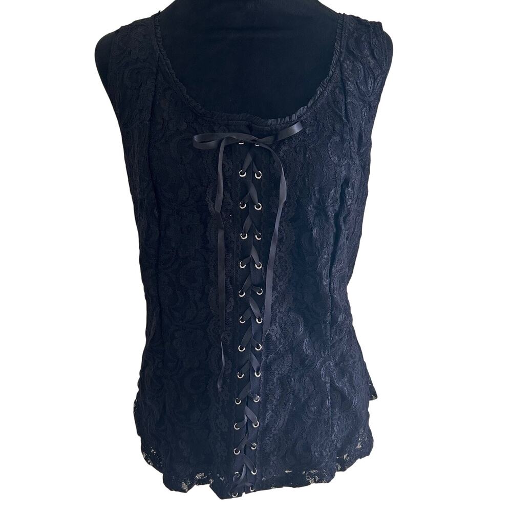 Black Lace Corset Tank Top 22W Lace Up Bustier Stretch Goth Y2K Whimsigoth - Picture 2 of 7